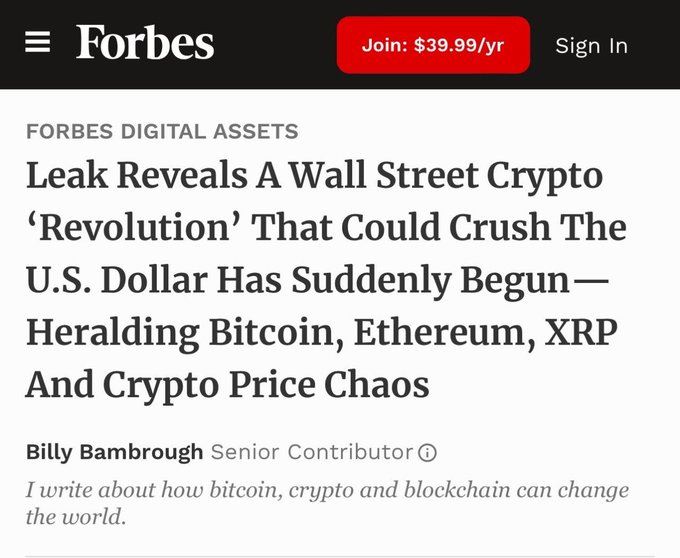 A Forbes Digital Assets article headline reads 'Leak Reveals A Wall Street Crypto 'Revolution' That Could Crush The U.S. Dollar Has Suddenly Begun' by Billy Bambrough.
