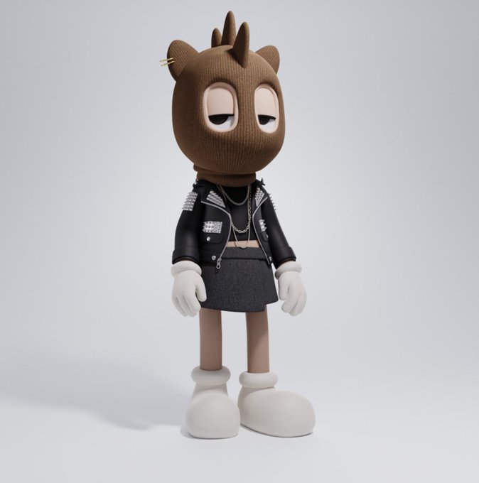 A 3D render of a stylized character with a brown knitted hood featuring small ears, wearing a black leather jacket with chains, a black skirt, white gloves, and white boots.