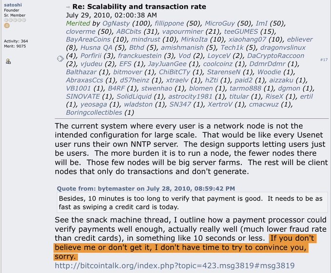 A screenshot of a Bitcointalk forum post by Satoshi Nakamoto (Sn. Member 364, Merit 9075) from July 29, 2010, titled "Re: Scalability and transaction rate," where he responds to criticism about 10-minute verification times by referencing a snack machine thread and stating, "If you don't believe me or don't get it, I don't have time to convince you, sorry."