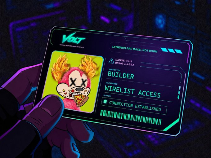 A hand holds a glowing futuristic ID card labeled "VOLT" featuring a pink cartoon monster with flames and a pizza, identifying the user as a "Builder" with "WIRELIST ACCESS" and "CONNECTION ESTABLISHED" status under the tagline "LEGENDS ARE MADE, NOT BORN," visually tying into the post's theme of bidding on Volt.