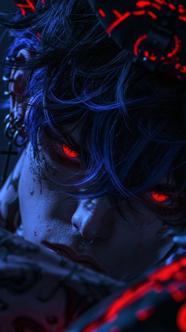A dark, intense portrait of a figure with glowing red eyes, messy blue-tinted hair, facial piercings, and cybernetic red markings, set in a moody blue and red palette.