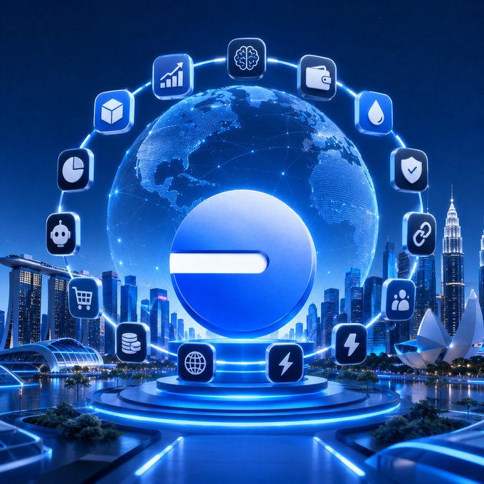 Futuristic digital graphic with a blue globe, a central logo, and surrounding icons for various services, set against a cityscape.