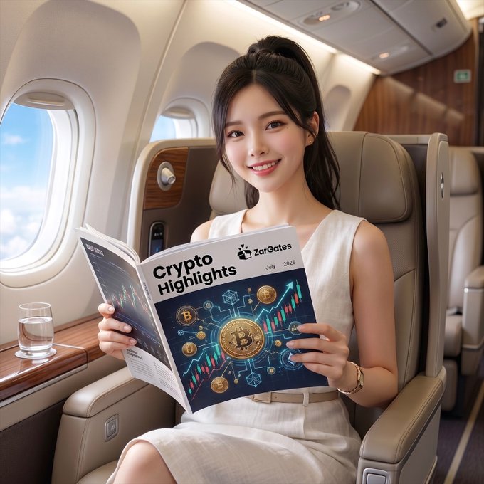 A young woman in business class reads a "Crypto Highlights" magazine from ZarGates dated July 2026, with a cover featuring Bitcoin imagery and bullish market charts, perfectly illustrating the post's recap of Bitcoin and Ethereum's weekly price movements.