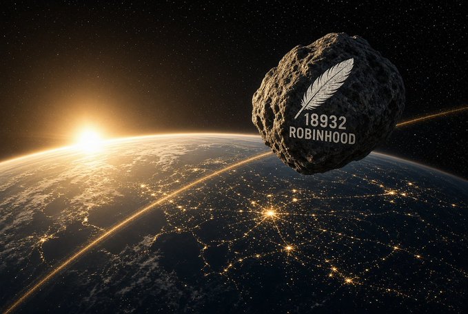 An asteroid marked with '18932 ROBINHOOD' and a feather logo orbits above an illuminated Earth at sunrise.