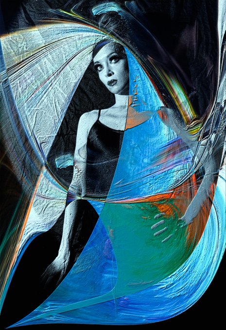 An artistic mixed-media composition featuring a black-and-white vintage photograph of a woman in a dark dress, overlaid and blended with vibrant swirling brushstrokes in blue, orange, and teal hues.