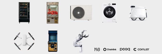 A collage of images showing real-world revenue-generating assets—including a claw machine, vending machine, HVAC unit, washing machine, industrial robot, drone, arcade cabinet, and a robotic arm—alongside logos for Mu, Chainlink, Peaq, and Coinlist. The visual illustrates how PLAY by DualMintRWA tokenizes 200 operating physical machines (like the claw machine) that produce real revenue, which is then put onchain via Solana through partnerships with these infrastructure providers.
