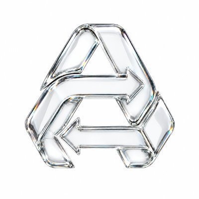 A transparent, chrome-like 3D rendering of the Aerent Market logo—featuring interlocking arrows forming an "A" shape—matches the branding of the @AerentMarket mentioned in the tweet announcing 50 guaranteed and 50 FCFS free mint spots for their collection.