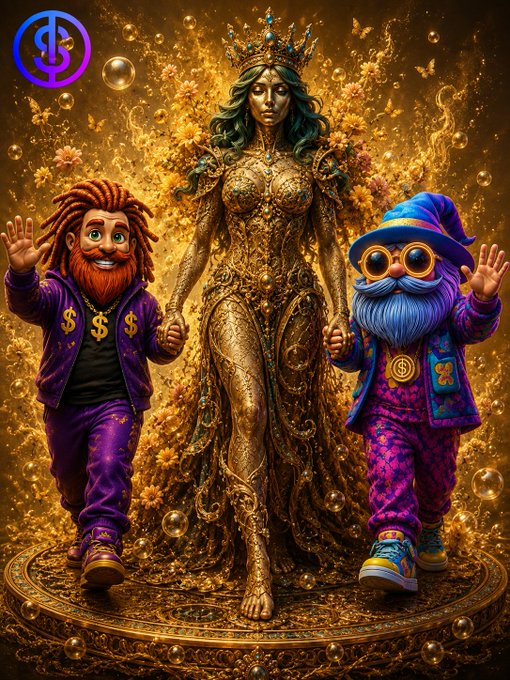 An ornate AI-generated fantasy illustration depicts a golden crowned female figure flanked by two dwarves wearing dollar-sign jackets, set against a glowing gold background.