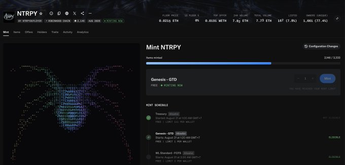 Screenshot of the NTRPY NFT minting page showing a free mint for the Genesis-GTD collection priced at 0.0215 ETH ($50), with 2,148/3,333 items minted, complementing the post celebrating a successful free mint allocation.