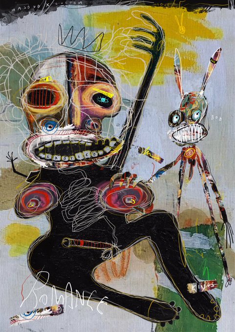 An abstract mixed-media painting featuring two cartoonish figures with exaggerated grins, prominent eyes, and rabbit-like features rendered in dark, chaotic strokes.