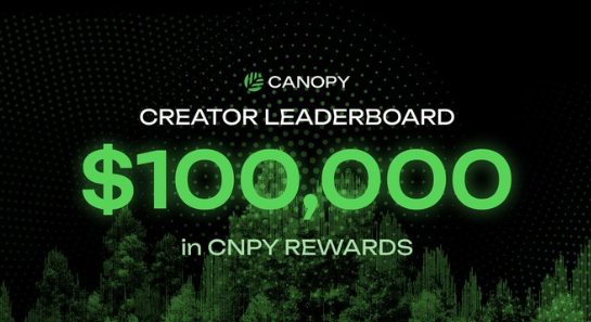 The image shows a black background featuring text that reads "Creator Leaderboard $100,000 in CNPY tokens are up for grabs for the top 300 contributors." This suggests an ongoing competition or event where users can showcase their creations and potentially receive financial rewards from the company named "CNPY Network". The post is aimed at promoting creativity and encourages people to join the creator community to benefit from exclusive opportunities.