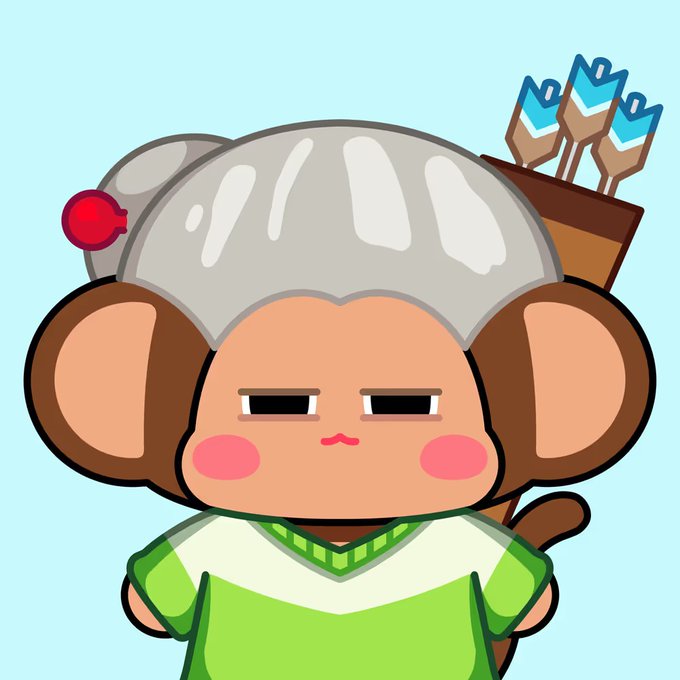 A cartoon monkey character with white hair, wearing a green shirt and carrying arrows in a quiver on its back, staring with a deadpan expression.