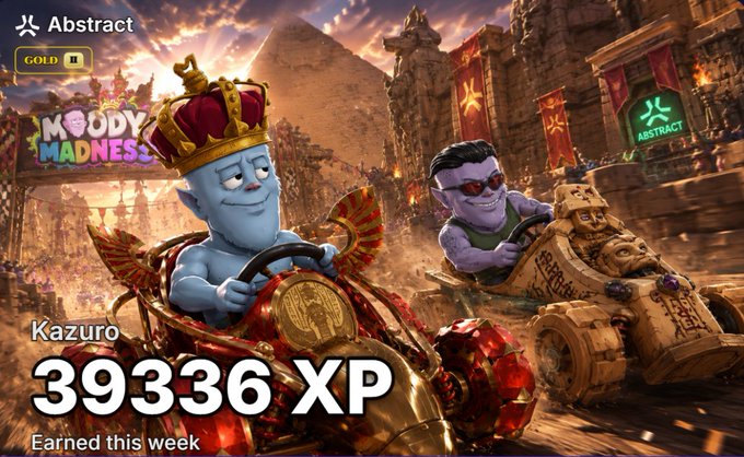 A 3D-rendered image showing cartoonish characters (one blue with a crown, one purple with sunglasses) racing in vehicles, with text 'Abstract', 'MOODY MADNESS', 'Kazuro', '39336 XP', and 'Earned this week'.