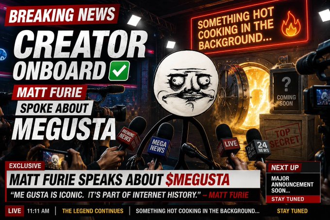 A breaking news-style thumbnail featuring the Me Gusta meme face at a press conference with text reading "CREATOR ONBOARD ✅ MATT FURIE SPOKE ABOUT MEGUSTA" and a quote stating "ME GUSTA IS ICONIC. IT'S PART OF INTERNET HISTORY."—directly supporting the post's news of Furie speaking about the $MEGUSTA token.