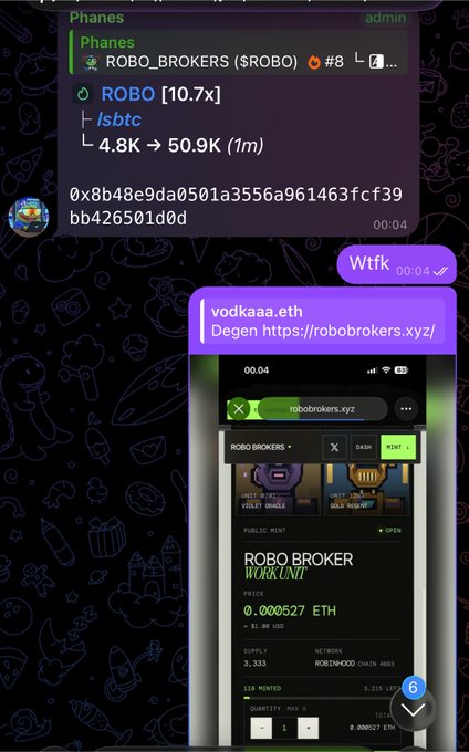 A Telegram chat screenshot from "Phanes" discussing "ROBO_BROKERS (SROBO)" token #8 with metrics "ROBO [10.7x]" and "lsbtc," showing price movement "4.8K → 50.9K (1m)" and a link to vodkaa.eth with the URL https://robobrokers.xyz/ for a "ROBO BROKER WORK UNIT" NFT mint priced at 0.000527 ETH.