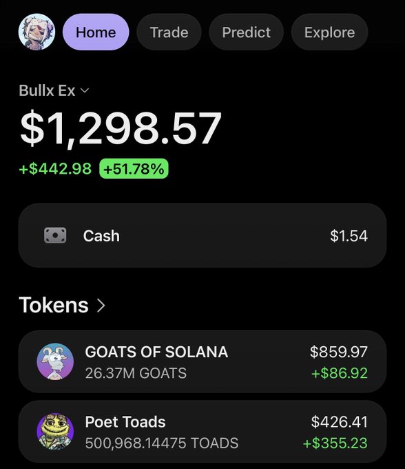 A crypto portfolio screenshot shows "Bullx Ex" with a total balance of $1,298.57 (+$442.98, +51.78%), featuring holdings in GOATS OF SOLANA ($859.97) and Poet Toads ($426.41, +$355.23), reflecting the user's recent purchase of $TOADS to support the "art renaissance on Solana."