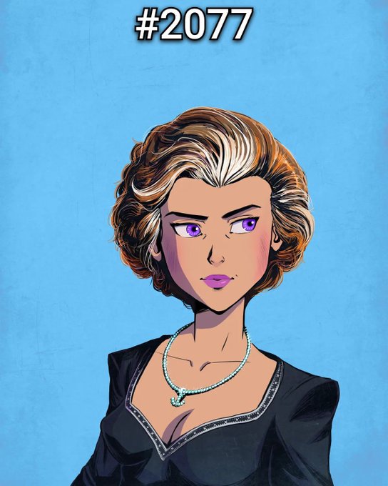 A comic-style illustration of a woman with wavy brown hair, striking purple eyes, and pink lipstick, wearing a black top and a turquoise beaded necklace with a pendant, set against a blue background with "#2077" displayed at the top. The image aligns with the post by showcasing NFT #2077 from the Mad Lads collection, highlighting its artistic depiction and celebrating it as a "GOAT" within the web3 community.