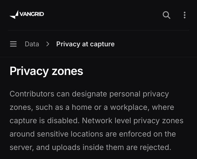A mobile app screenshot from VanGrid explaining 'Privacy zones,' where contributors can designate personal areas where capture is disabled and uploads are rejected.
