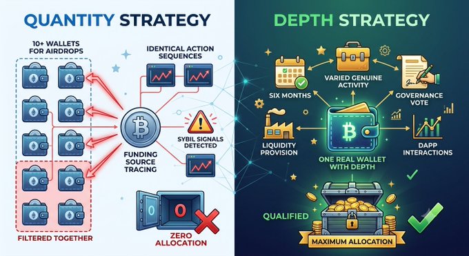 An infographic comparing 'QUANTITY STRATEGY' (showing 10+ wallets filtered together resulting in zero allocation) versus 'DEPTH STRATEGY' (showing one real wallet with depth receiving maximum allocation).