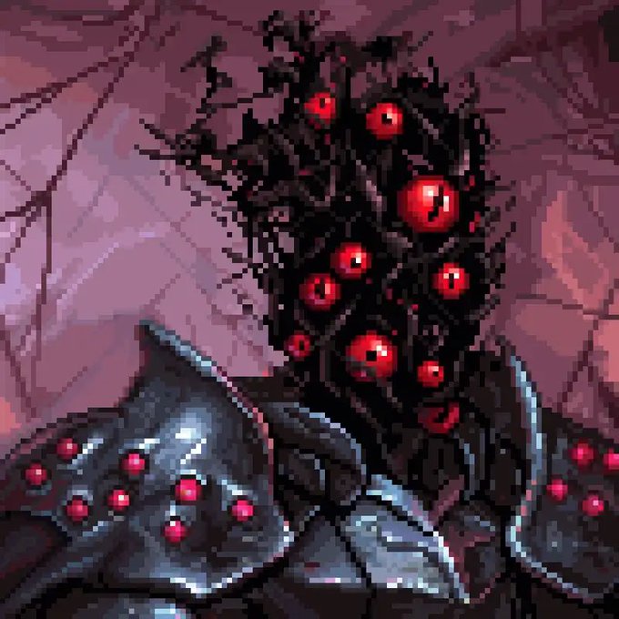 A pixel-art illustration of a dark, shadowy figure in spiked armor with multiple glowing red eyes emerging from its head and shoulders, set against a pinkish background.
