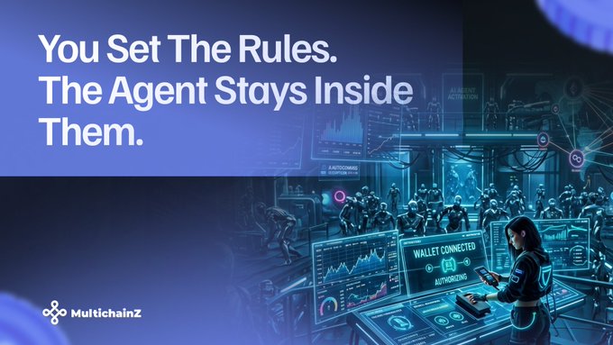 A digital artwork with a futuristic cyberpunk theme featuring a woman at control panels and shadowy figures, with text reading 'You Set The Rules. The Agent Stays Inside Them.' and the 'Multichainz' logo.
