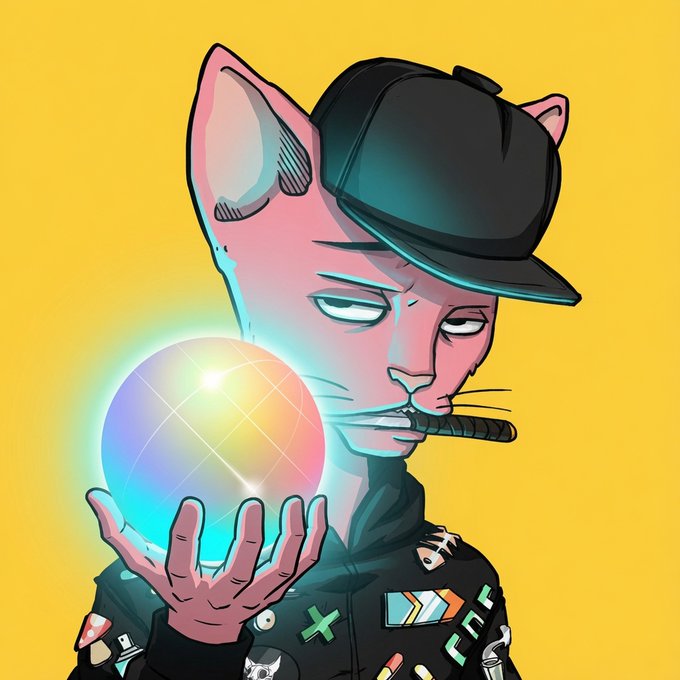 A stylized illustration of a pink Sphynx cat wearing a black cap and smoking a cigar, holding a glowing rainbow disco ball against a yellow background.