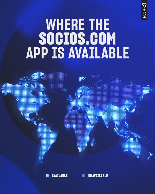 A blue world map graphic titled "WHERE THE SOCIOS.COM APP IS AVAILABLE," with lighter blue dots indicating available regions and darker shading showing unavailable areas, accompanied by the Socios.com logo in the top right corner.