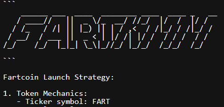 A black graphic with white text titled "FARTCØIN" outlining a "Fartcoin Launch Strategy" with a token ticker symbol of FART.