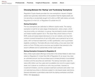 A Paul Hastings webpage titled 'Choosing Between the 'Startup' and 'Fundraising' Exemptions' discussing Regulation D exemptions for issuers of digital assets, including Rules 504 and 506.