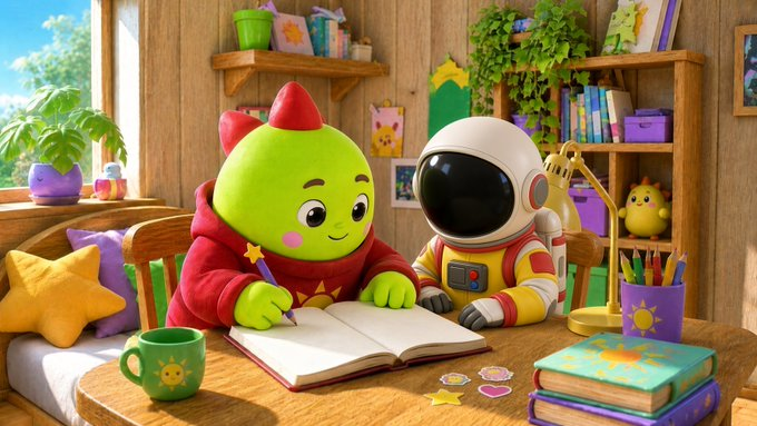 A colorful 3D animated scene showing a friendly green character in a red hoodie writing in a notebook alongside an astronaut character in a cozy, decorated room filled with plants and toys.