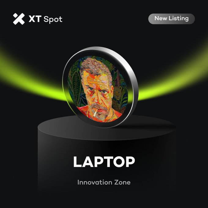 A promotional graphic from XT Spot announcing a 'New Listing' for the token LAPTOP, categorized in the 'Innovation Zone' and featuring an artistic coin with a man's portrait.