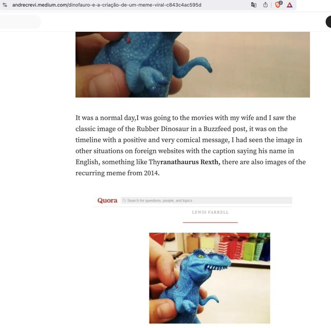 A webpage article on Medium by Andrecrevi discussing the origin of a meme about a blue rubber dinosaur toy, with a Quora search bar and attribution to Lewis Farrell.