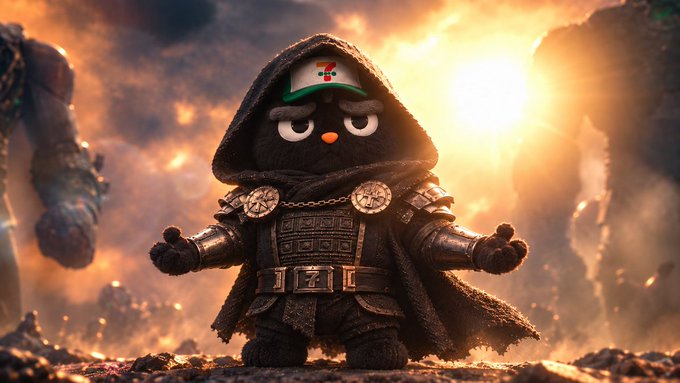 A cinematic digital artwork of a small, dark, hooded character wearing ornate armor and a cap, standing amidst a fiery, apocalyptic landscape with the letter 'Z' on its belt.