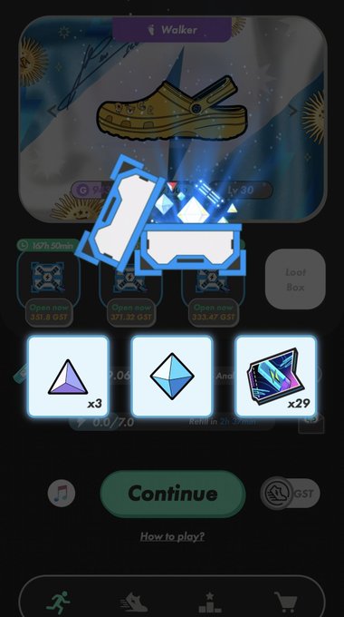 Screenshot of a mobile game called StepN showing a 'Walker' sneaker NFT loot box being opened, revealing rewards including 3 green gems, a blue shard, and 29 gems, with a 'Continue' button at the bottom.