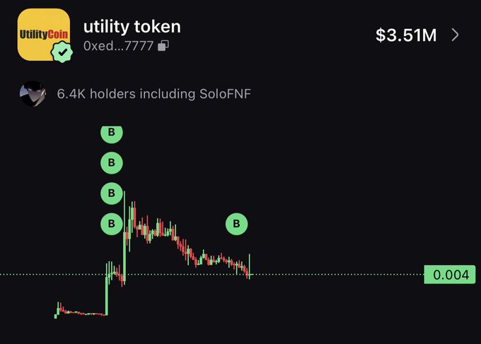The image shows a price chart for "utility token" ($UtilityCoin) with a market cap of $3.51M and 6.4K holders including "SoloFNF," displaying multiple "B" markers indicating buy points around the 0.004 level. The chart visualizes the post's claim of accumulating more $UtilityCoin, with the recent price action and buy markers supporting the author's bullish sentiment about its potential as a top utility memecoin on BNB.