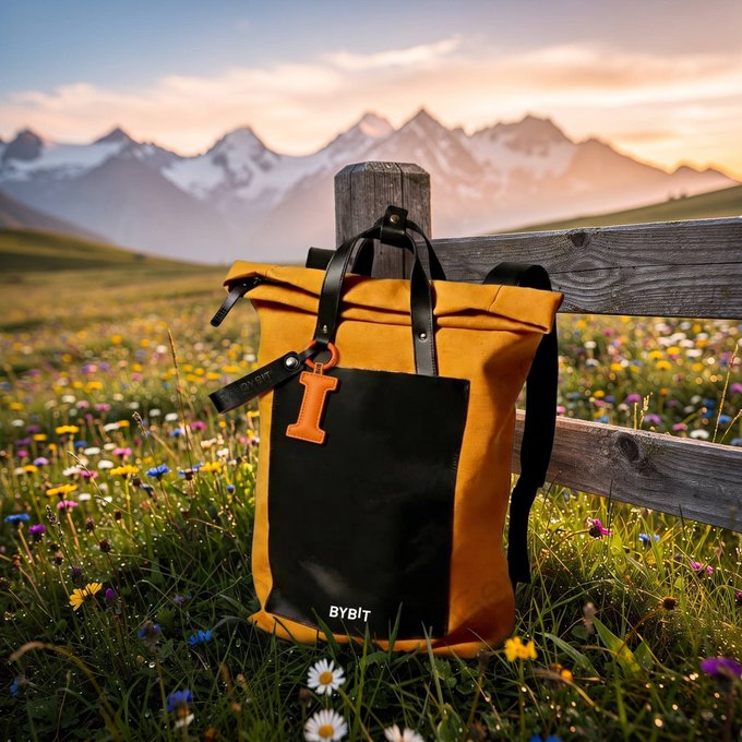 A promotional product shot of an orange and black Bybit backpack with an orange 'I' shaped keychain, hanging on a wooden fence post in an alpine meadow with mountains in the background.