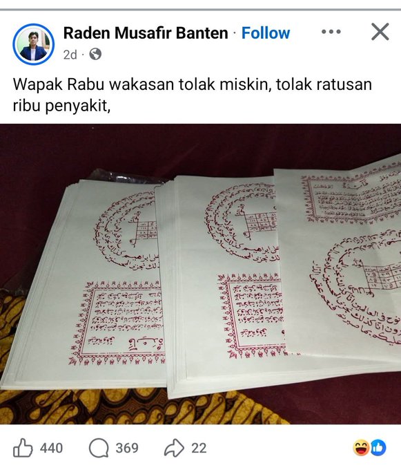 A Facebook post from "Raden Musafir Banten" captioned "Wapak Rabu wakasan tolak miskin, tolak ratusan ribu penyakit" shows photographs of reddish-printed Arabic scripture/talismanic papers, which the post promotes as a spiritual remedy to "reject poverty," playing into the caption's suggestion of buying this instead of seeking crypto gains.