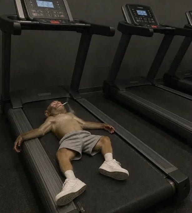 An extremely thin, shirtless man wearing gray shorts and white sneakers lies on a treadmill in a gym with a cigarette in his mouth.