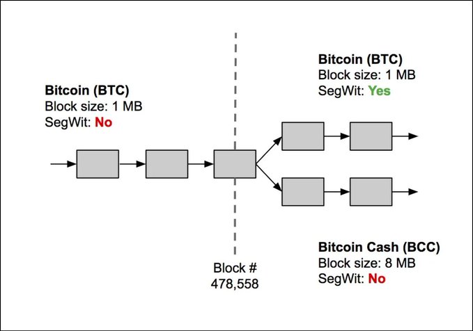 A diagram illustrates the Bitcoin fork at Block #478,558, showing Bitcoin (BTC) with 1 MB blocks and no SegWit splitting into two chains: Bitcoin (BTC) with SegWit support and Bitcoin Cash (BCC) with 8 MB blocks.