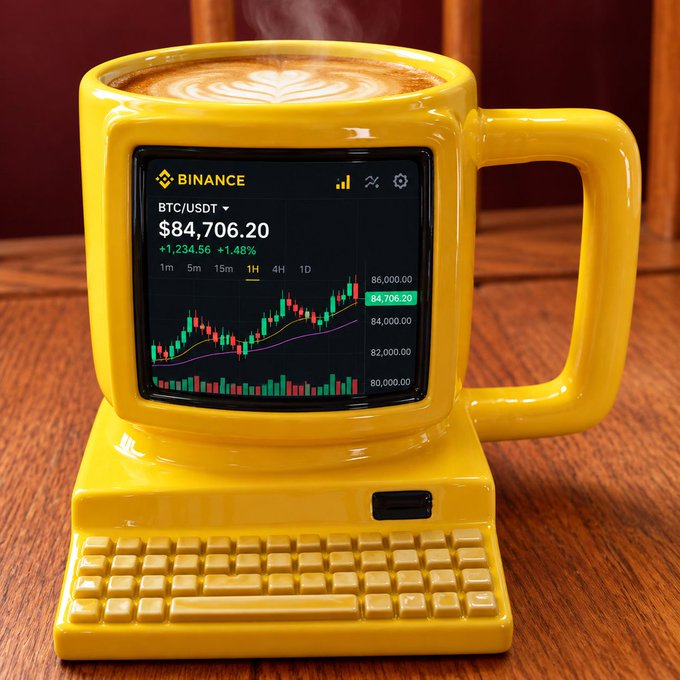 A creative image of a yellow coffee mug filled with a latte, sitting on a retro-style yellow computer keyboard. The mug features a built-in screen displaying a Binance trading chart for BTC/USDT at $84,706.20, up 1.48%.