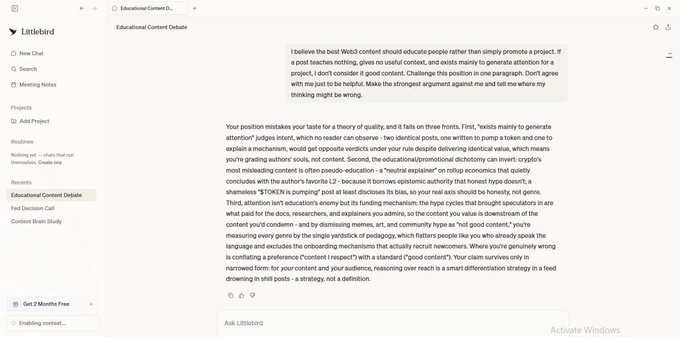 A screenshot of a Littlebird educational content debate interface discussing Web3 content creation, position mistakes, and the concept of 'TOKEN is pumping' as a good metric.