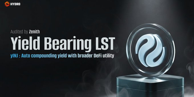 A promotional banner for Hydro Finance's $yINJ, a yield-bearing liquid staking token audited by Zenith, featuring a glowing blue liquid orb design with text highlighting its auto-compounding yield and broader DeFi utility, visually reinforcing the post's message of an innovative, hands-free staking experience for Injective.