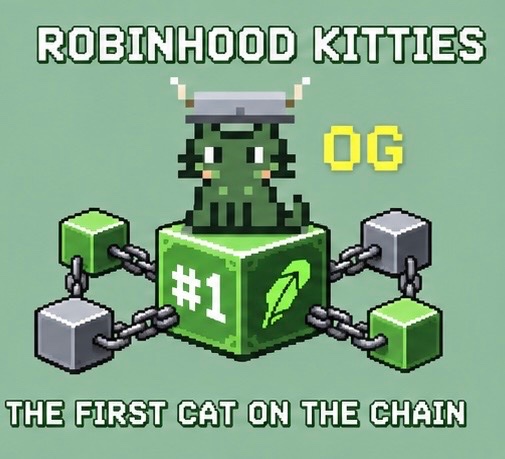 Pixel art meme featuring a green cat wearing a Viking helmet on a '#1' block labeled 'ROBINHOOD KITTIES - THE FIRST CAT ON THE CHAIN' with 'OG' text, referencing early blockchain/crypto culture.