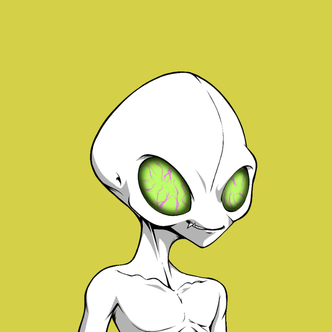 A digital illustration of a grey alien with large green glowing eyes and a slight smile, set against a solid yellow-green background.