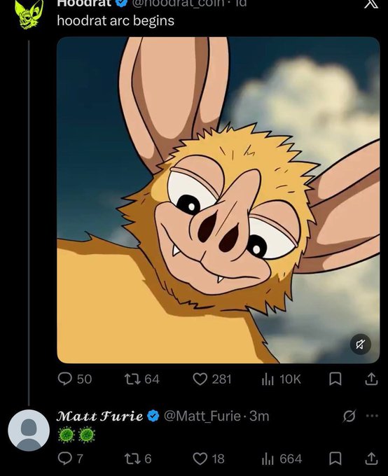 This image shows a tweet by "Hoodrat" featuring an animated character and announcing "hoodrat arc begins". It is followed by a tweet from "Matt Furie" with emojis, implying a connection between the character and the creator.