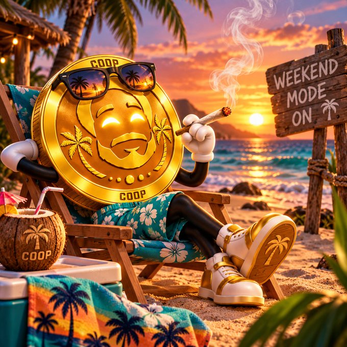 An AI-generated cartoon coin character labeled 'COOP' relaxing in a beach chair wearing sunglasses, a Hawaiian shirt, and gold sneakers, smoking a cigar next to a 'WEEKEND MODE ON' sign.