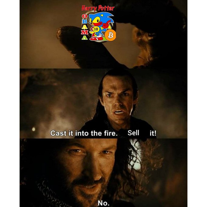 A meme based on a Lord of the Rings scene where Elrond says 'Cast it into the fire' and Aragorn says 'Sell it!', while a 'Harry Potter OBAMA' Sonic the Hedgehog logo with a Bitcoin symbol replaces the One Ring.