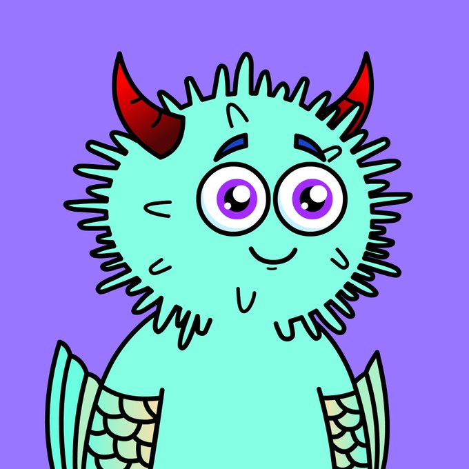 A cartoon teal monster character with big purple eyes, small red horns, and scaly arms smiles against a purple background.