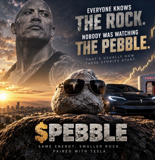 A meme poster featuring The Rock (Dwayne Johnson) looking at a rock wearing sunglasses, with the text 'EVERYONE KNOWS THE ROCK. NOBODY WAS WATCHING THE PEBBLE.' and the title '$PEBBLE' with the subtitle 'SAME ENERGY. SMALLER ROCK. PAIRED WITH TESLA.'