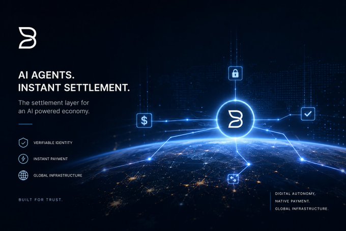 A promotional graphic with the text 'AI AGENTS. INSTANT SETTLEMENT.' and 'The settlement layer for an AI powered economy,' featuring icons for verifiable identity, instant payment, and global infrastructure over an image of Earth.